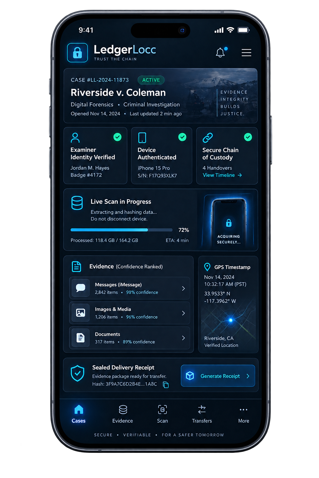 LedgerLock mobile app showing live case scan with confidence-ranked evidence and GPS-verified chain of custody